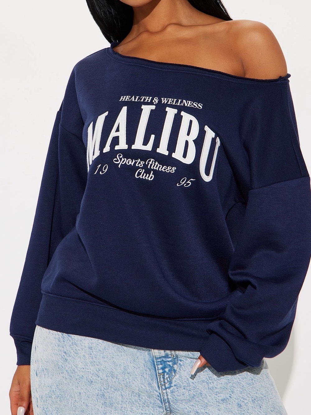 Malibu Navy Off-Shoulder Pullover Sweatshirt